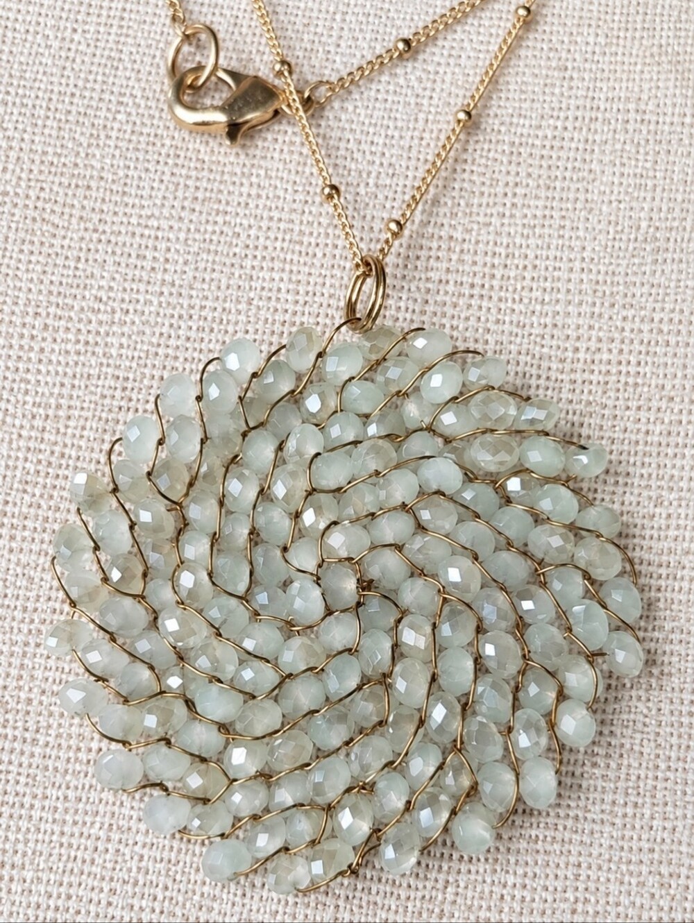 Light Seafoam Green Wire Wrapped Disc Beaded Chain Gold Tone Pendant Necklace